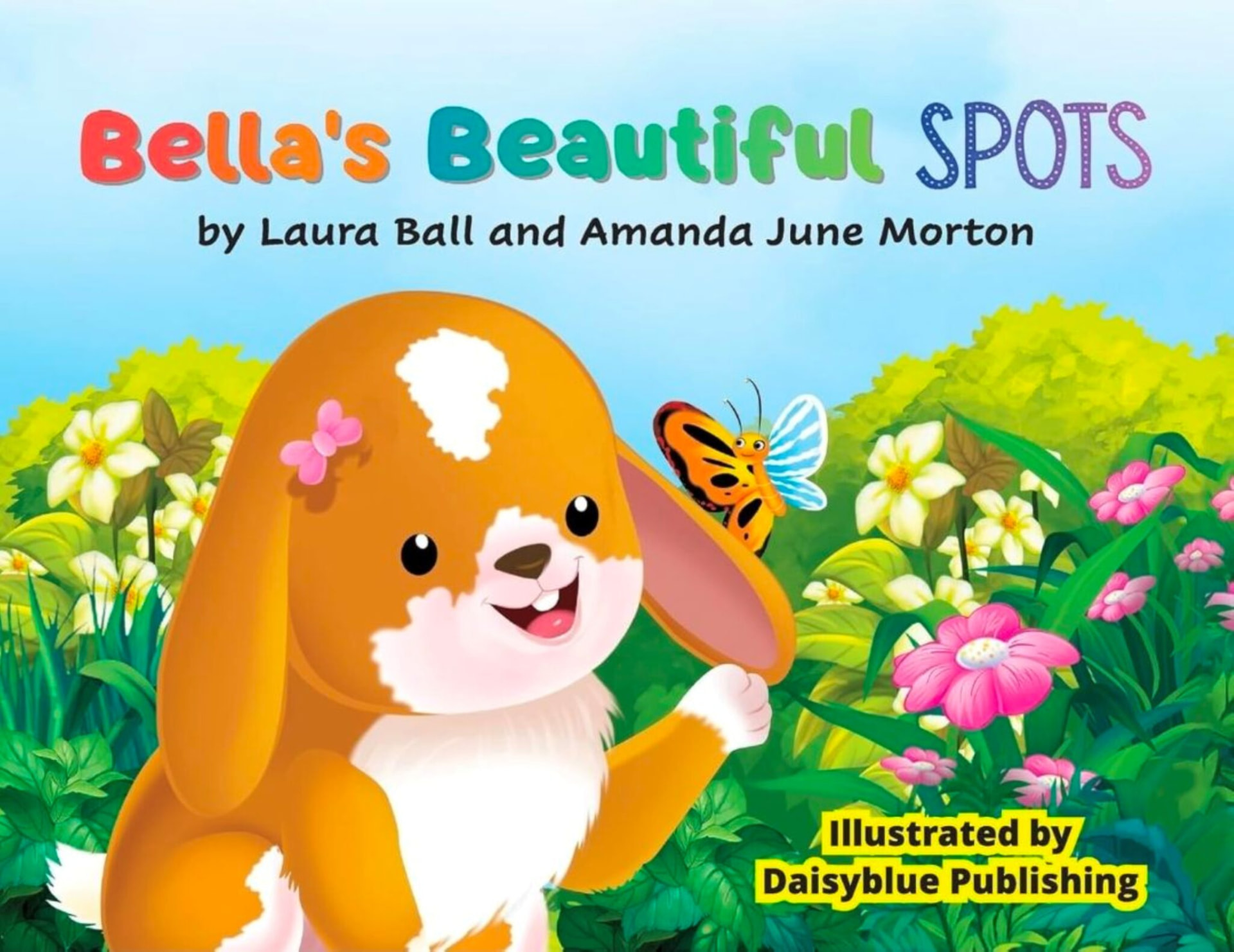 Bella's Beautiful Spots book cover — a smiling orange bunny with beautiful spots in a sunny garden